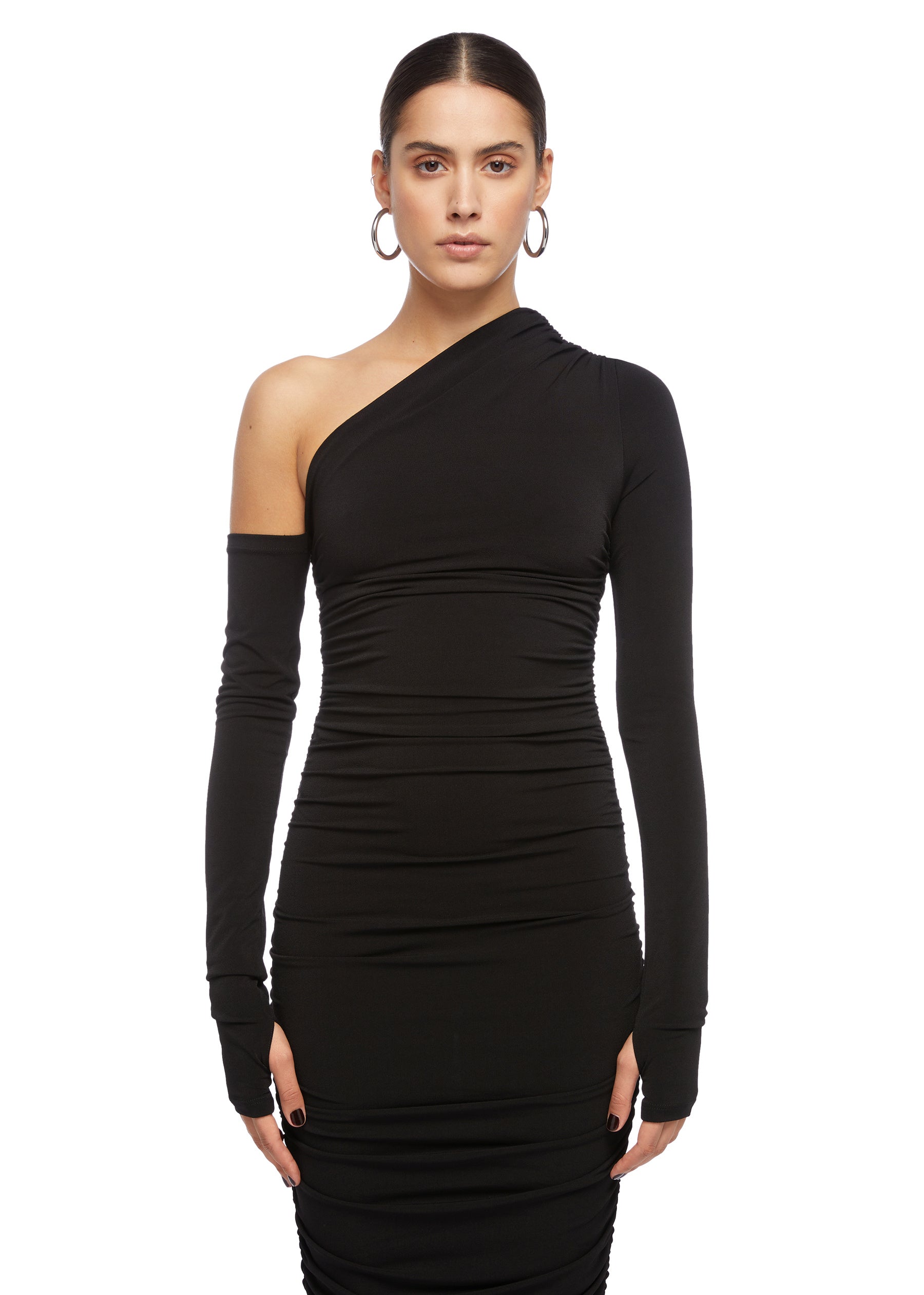 Olimpia Midi One Shoulder Draped Midi Dress Black - The Andamane