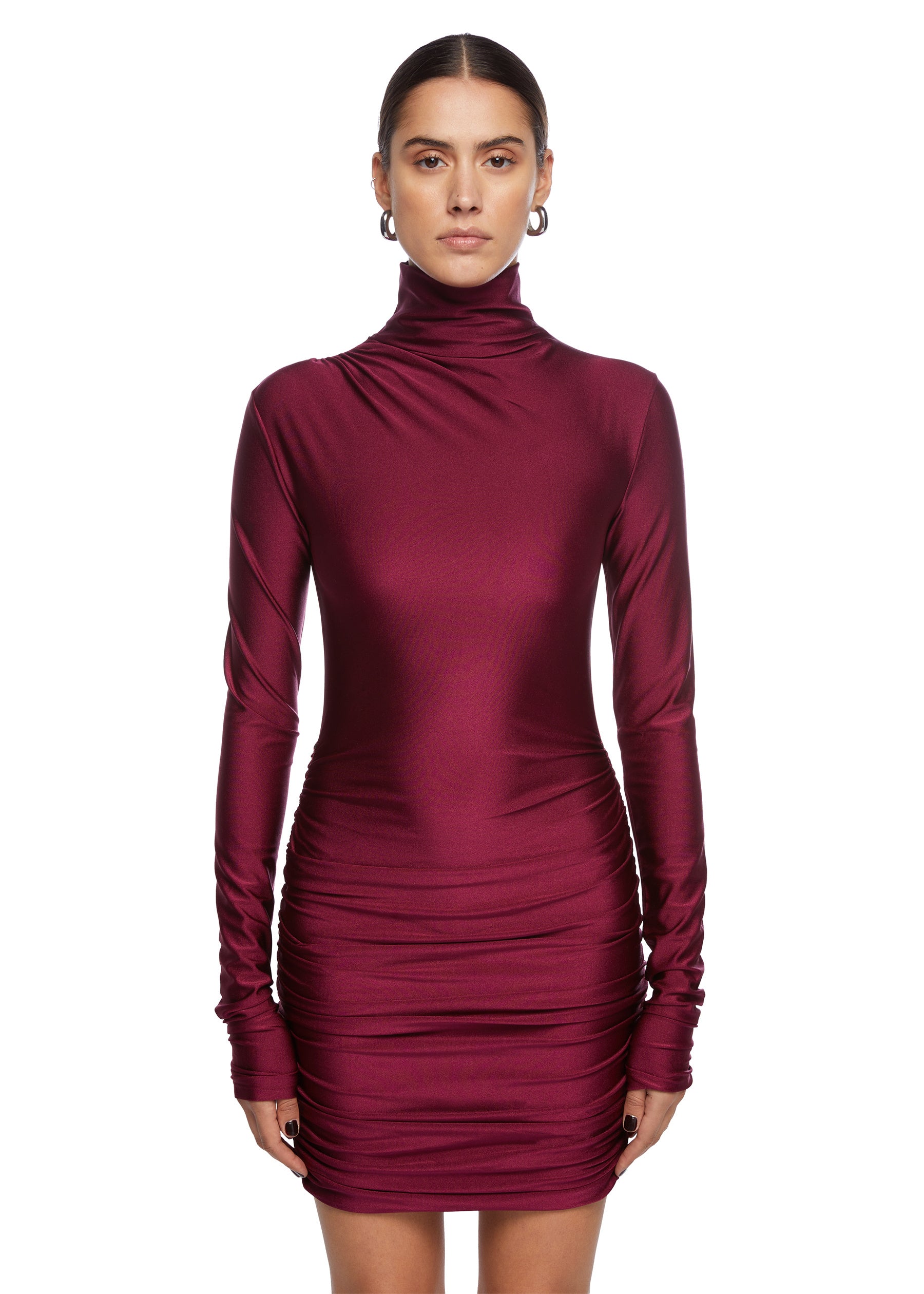 Oleandra Mini Turtleneck Draped Mini Dress Ruby The Andamane