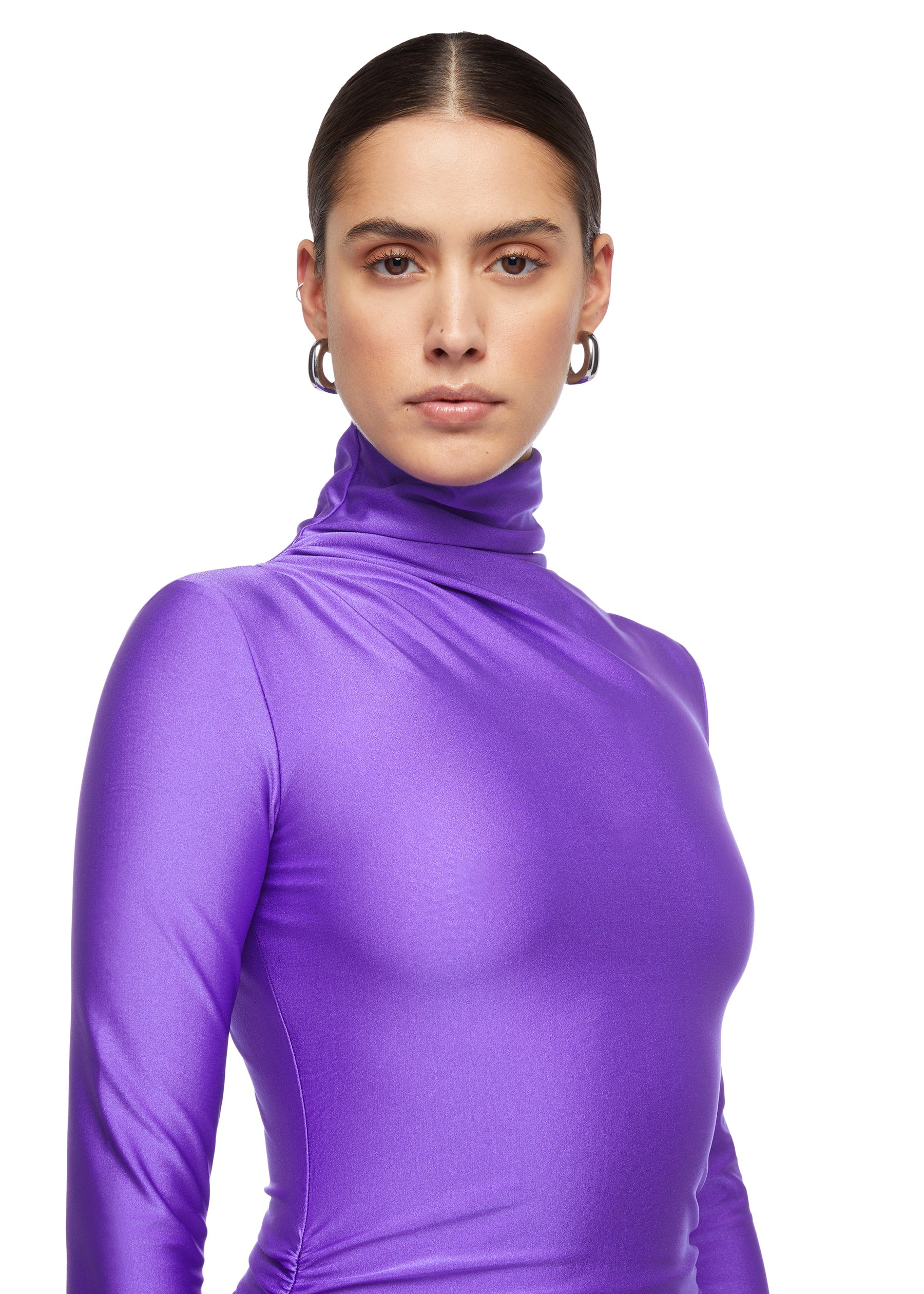 Oleandra Mini Turtleneck Draped Mini Dress Purple The Andamane